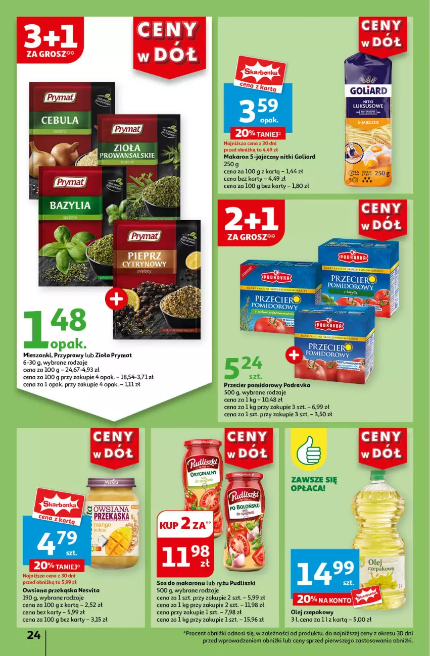 Gazetka promocyjna Auchan - Gazetka CENY W DÓŁ Hipermarket Auchan - ważna 20.06 do 26.06.2024 - strona 28 - produkty: Goliard, Makaron, Olej, Olej rzepakowy, Podravka, Prymat, Przyprawy, Pudliszki, Ryż, Sos, Sos do makaronu