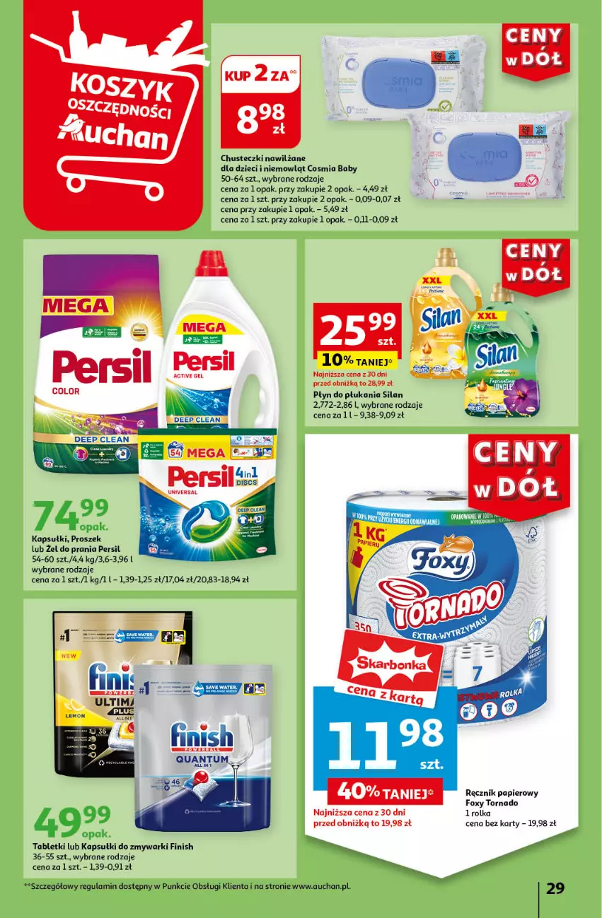 Gazetka promocyjna Auchan - Gazetka CENY W DÓŁ Hipermarket Auchan - ważna 20.06 do 26.06.2024 - strona 33 - produkty: Chusteczki, Dzieci, Finish, Foxy, Papier, Persil, Płyn do płukania, Ręcznik, Silan, Tablet, Zmywarki