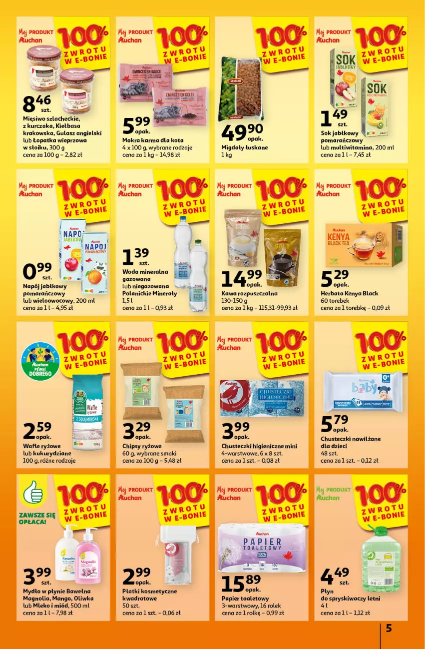 Gazetka promocyjna Auchan - Gazetka CENY W DÓŁ Hipermarket Auchan - ważna 20.06 do 26.06.2024 - strona 5 - produkty: Chipsy, Chusteczki, Dzieci, Herbata, Kawa, Kawa rozpuszczalna, Kiełbasa, Kiełbasa krakowska, Kurczak, Lack, Mango, Migdały, Migdały łuskane, Miód, Mleko, Mokra karma, Mydło, Mydło w płynie, Napój, Papier, Papier toaletowy, Płatki kosmetyczne, Płyn do spryskiwaczy, Ryż, Sok, Sok jabłkowy, Wafle, Wełna, Woda, Woda mineralna