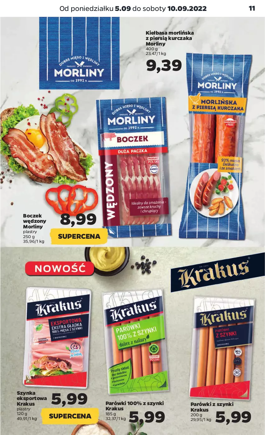 Gazetka promocyjna Netto - Artykuły spożywcze - ważna 05.09 do 10.09.2022 - strona 11 - produkty: Boczek, Kiełbasa, Krakus, Kurczak, Morliny, Parówki, Parówki z szynki, Por, Sport, Szynka