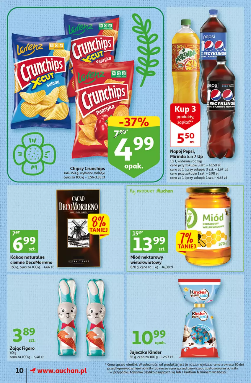 Gazetka promocyjna Auchan - Gazetka Wielkanoc w dobrym smaku Supermarket Auchan - ważna 23.03 do 29.03.2023 - strona 10 - produkty: Chipsy, Crunchips, Fa, Gala, Kakao, Kinder, Miód, Mirinda, Napój, Nektar, O nas, Pepsi