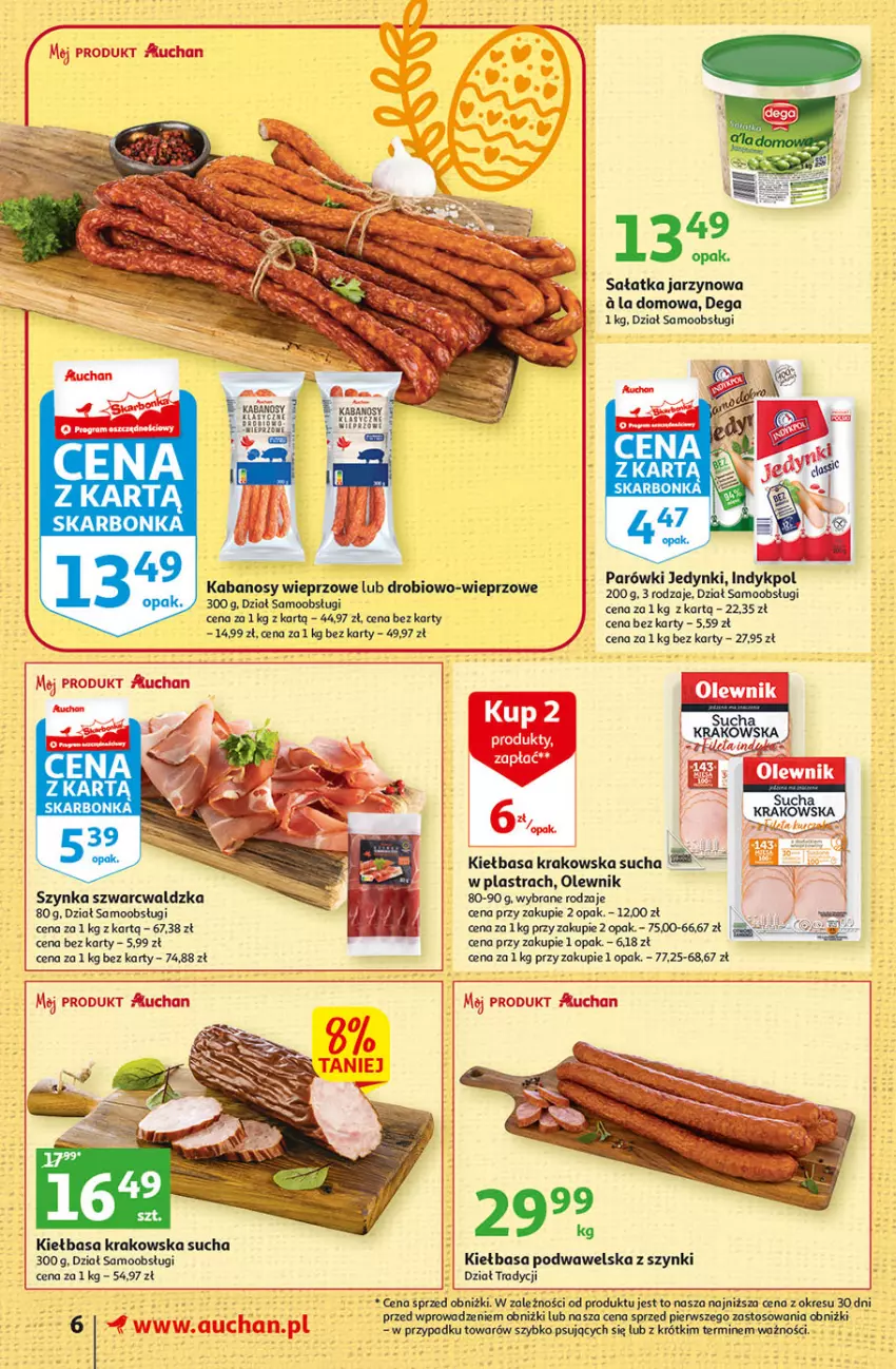 Gazetka promocyjna Auchan - Gazetka Wielkanoc w dobrym smaku Supermarket Auchan - ważna 23.03 do 29.03.2023 - strona 6 - produkty: Dega, Fa, Kabanos, Kiełbasa, Kiełbasa krakowska, Kiełbasa podwawelska, O nas, Olewnik, Parówki, Sałat, Sałatka, Szynka, Wawel