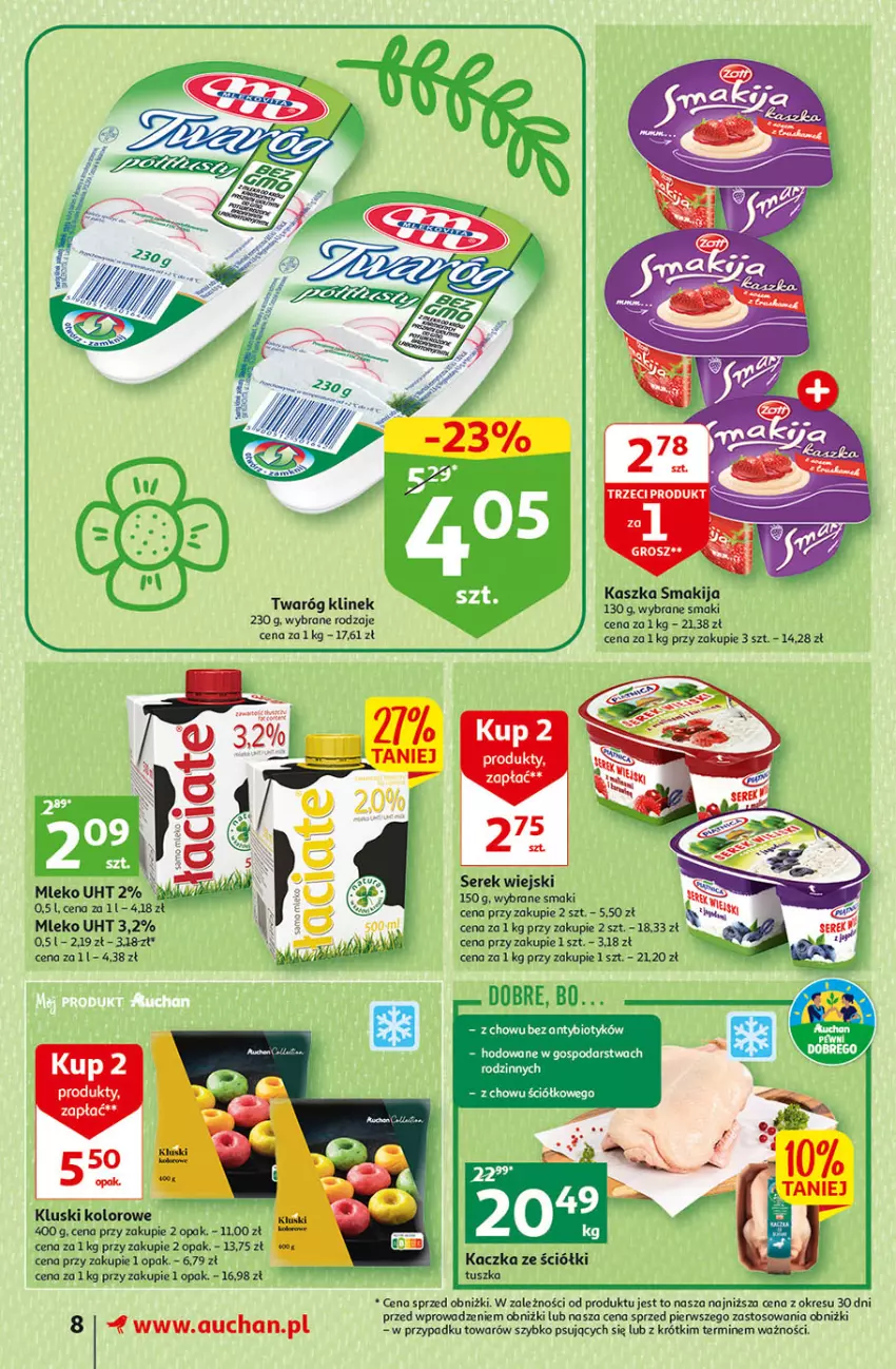 Gazetka promocyjna Auchan - Gazetka Wielkanoc w dobrym smaku Supermarket Auchan - ważna 23.03 do 29.03.2023 - strona 8 - produkty: Fa, Kaczka, Mleko, O nas, Ser, Serek, Serek wiejski, Smakija, Tusz, Twaróg