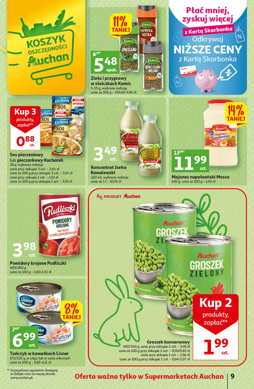 Gazetka promocyjna Auchan - Gazetka Wielkanoc w dobrym smaku Supermarket Auchan - ważna 23.03 do 29.03.2023 - strona 9 - produkty: Groszek, Kamis, Kawa, Lisner, Majonez, Olej, Oleo, Piec, Pomidory, Pomidory krojone, Przyprawy, Pudliszki, Ser, Sos, Tuńczyk