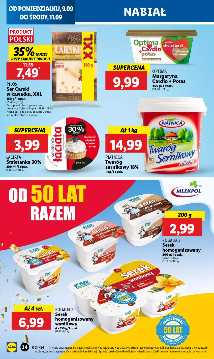 Gazetka promocyjna Lidl - GAZETKA - ważna 09.09 do 11.09.2024 - strona 36 - produkty: Cars, Kawa, Margaryna, Optima, Piątnica, Pilos, Rolmlecz, Ser, Serek, Serek homogenizowany, Twaróg