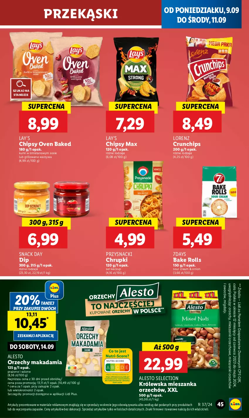 Gazetka promocyjna Lidl - GAZETKA - ważna 09.09 do 11.09.2024 - strona 49 - produkty: Bake Rolls, Chipsy, Chrupki, Crunchips, Grill, Lay’s, Lorenz, Migdały, Przysnacki, Ser, Sos, Warzywa