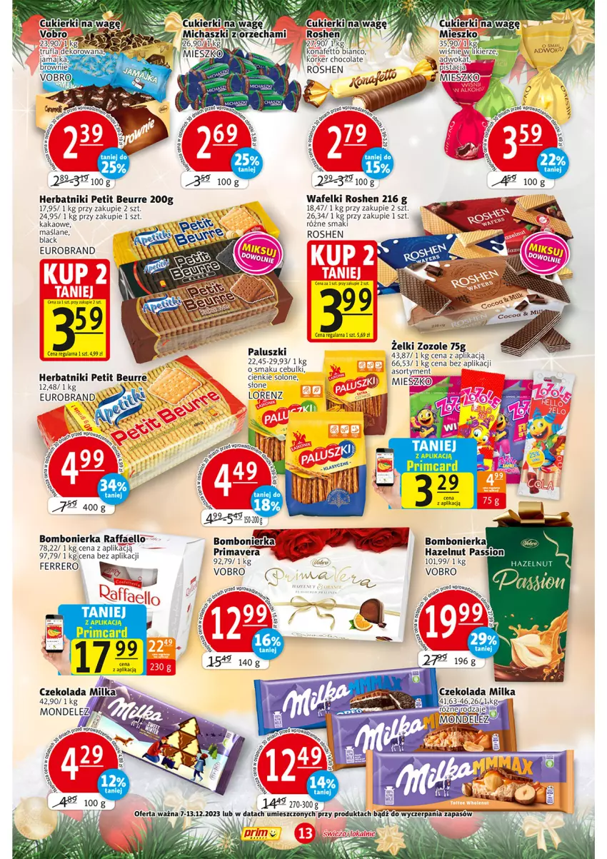 Gazetka promocyjna Prim Market - ważna 07.12 do 13.12.2023 - strona 13 - produkty: Brownie, Cukier, Cukierki, Fa, Ferrero, Herbatniki, Herbatniki Petit Beurre, Kakao, Lack, Likier, Lorenz, Prima, Primavera, Raffaello