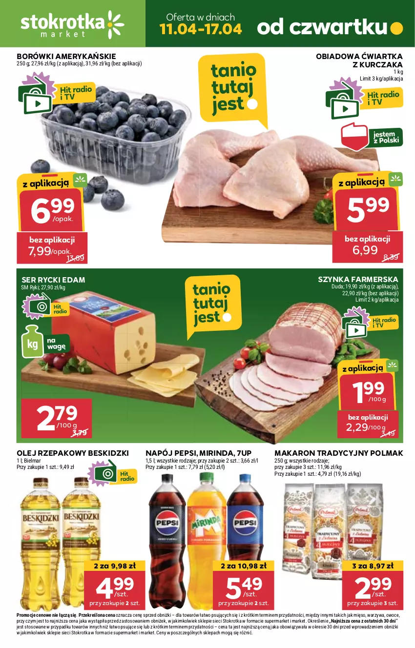 Gazetka promocyjna Stokrotka - Market - ważna 11.04 do 17.04.2024 - strona 1 - produkty: 7up, Beskidzki, Duda, Edam, Fa, Kurczak, Makaron, Mięso, Mirinda, Napój, Olej, Olej rzepakowy, Olma, Owoce, Pepsi, Rycki Edam, Ser, Szynka, Szynka farmerska, Warzywa