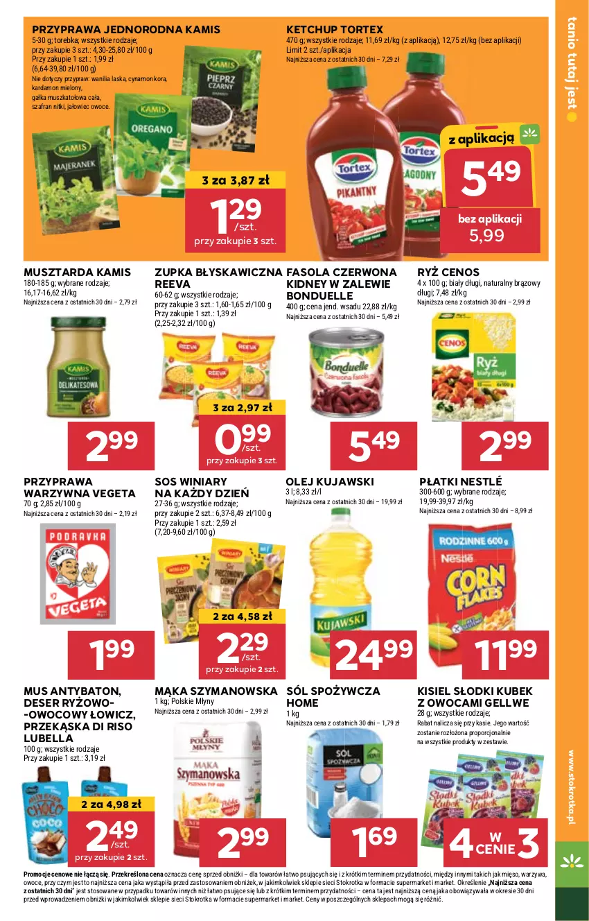 Gazetka promocyjna Stokrotka - Market - ważna 11.04 do 17.04.2024 - strona 11 - produkty: Baton, Bell, Bella, Bonduelle, Cenos, Deser, Fa, Fasola, Gałka, Kamis, Ketchup, Kisiel, Kubek, Kujawski, Lubella, Mąka, Mięso, Mus, Musztarda, Nestlé, Olej, Owoce, Polskie Młyny, Por, Ryż, Ser, Sól, Sos, Szafran, Torebka, Vegeta, Warzywa, Winiary