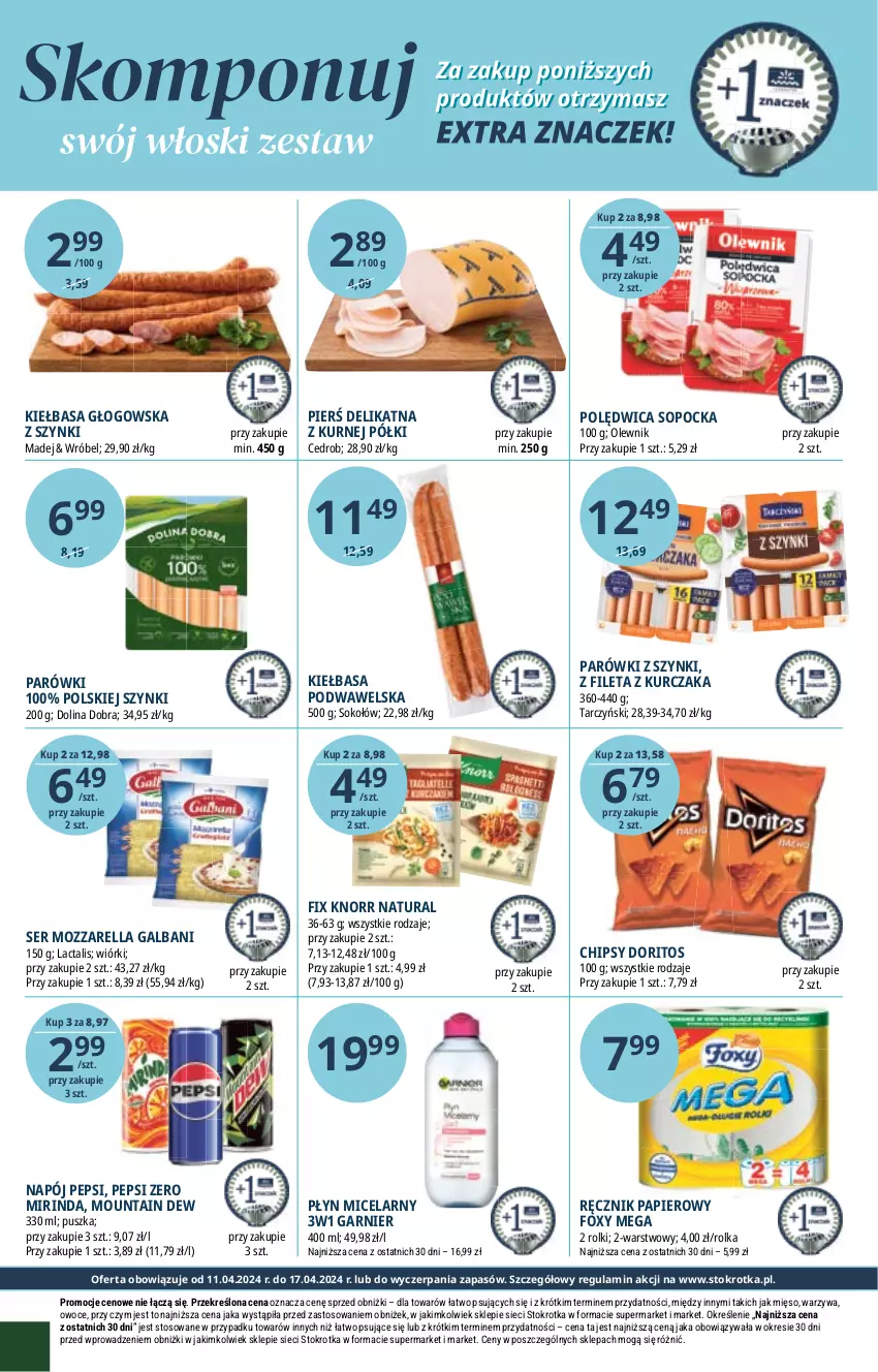 Gazetka promocyjna Stokrotka - Market - ważna 11.04 do 17.04.2024 - strona 16 - produkty: Chipsy, Foxy, Galbani, Garnier, Kiełbasa, Kiełbasa głogowska, Kiełbasa podwawelska, Knorr, Kurczak, Mięso, Mirinda, Mozzarella, Napój, Olewnik, Owoce, Papier, Parówki, Parówki z szynki, Pepsi, Płyn micelarny, Polędwica, Ręcznik, Rolki, Ser, Sok, Sokołów, Tarczyński, Warzywa, Wawel