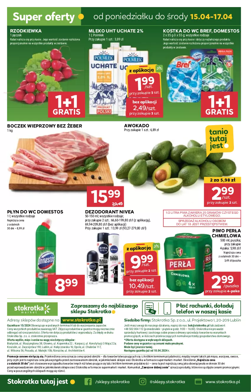 Gazetka promocyjna Stokrotka - Market - ważna 11.04 do 17.04.2024 - strona 17 - produkty: Boczek, Boczek wieprzowy, Bref, Dezodorant, Domestos, Dres, Gra, JBL, Karp, Kostka do wc, Kosz, Mięso, Mleko, Nivea, O nas, Owoce, Perła, Piwa, Piwo, Płyn do wc, POLMLEK, Por, Rzodkiewka, Ser, Szal, Telefon, Wagi, Warzywa, Wilson