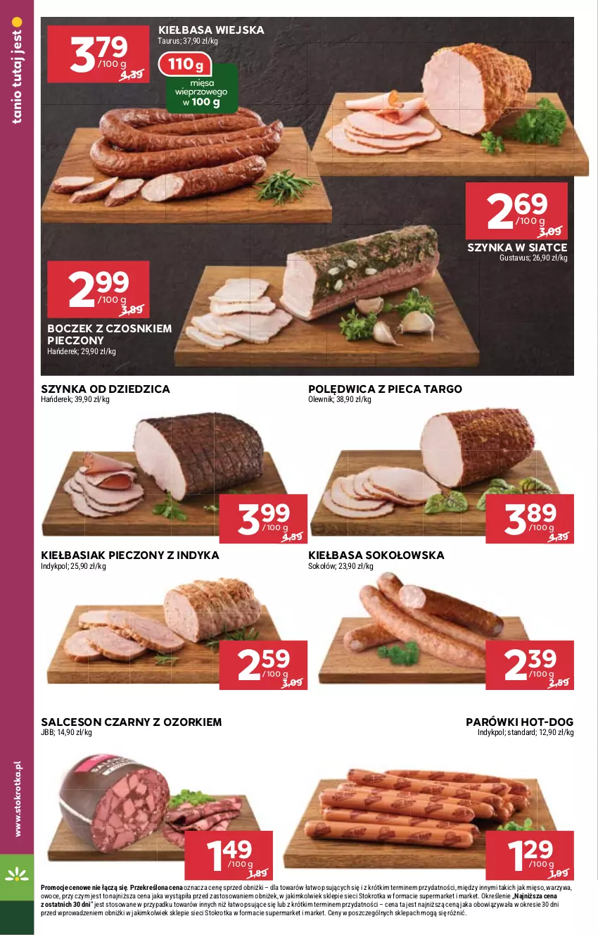 Gazetka promocyjna Stokrotka - Market - ważna 11.04 do 17.04.2024 - strona 6 - produkty: Basia, Boczek, Kiełbasa, Kiełbasa wiejska, Mięso, Olewnik, Owoce, Parówki, Piec, Polędwica, Salceson, Sok, Sokołów, Szynka, Warzywa