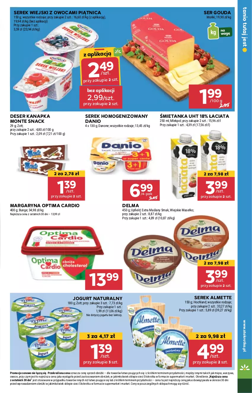 Gazetka promocyjna Stokrotka - Market - ważna 11.04 do 17.04.2024 - strona 9 - produkty: Almette, Danio, Danone, Delma, Deser, Gouda, Hochland, Jogurt, Jogurt naturalny, Margaryna, Mięso, Monte, Optima, Optima Cardio, Owoce, Piątnica, Ser, Serek, Serek homogenizowany, Serek wiejski, Warzywa, Zott