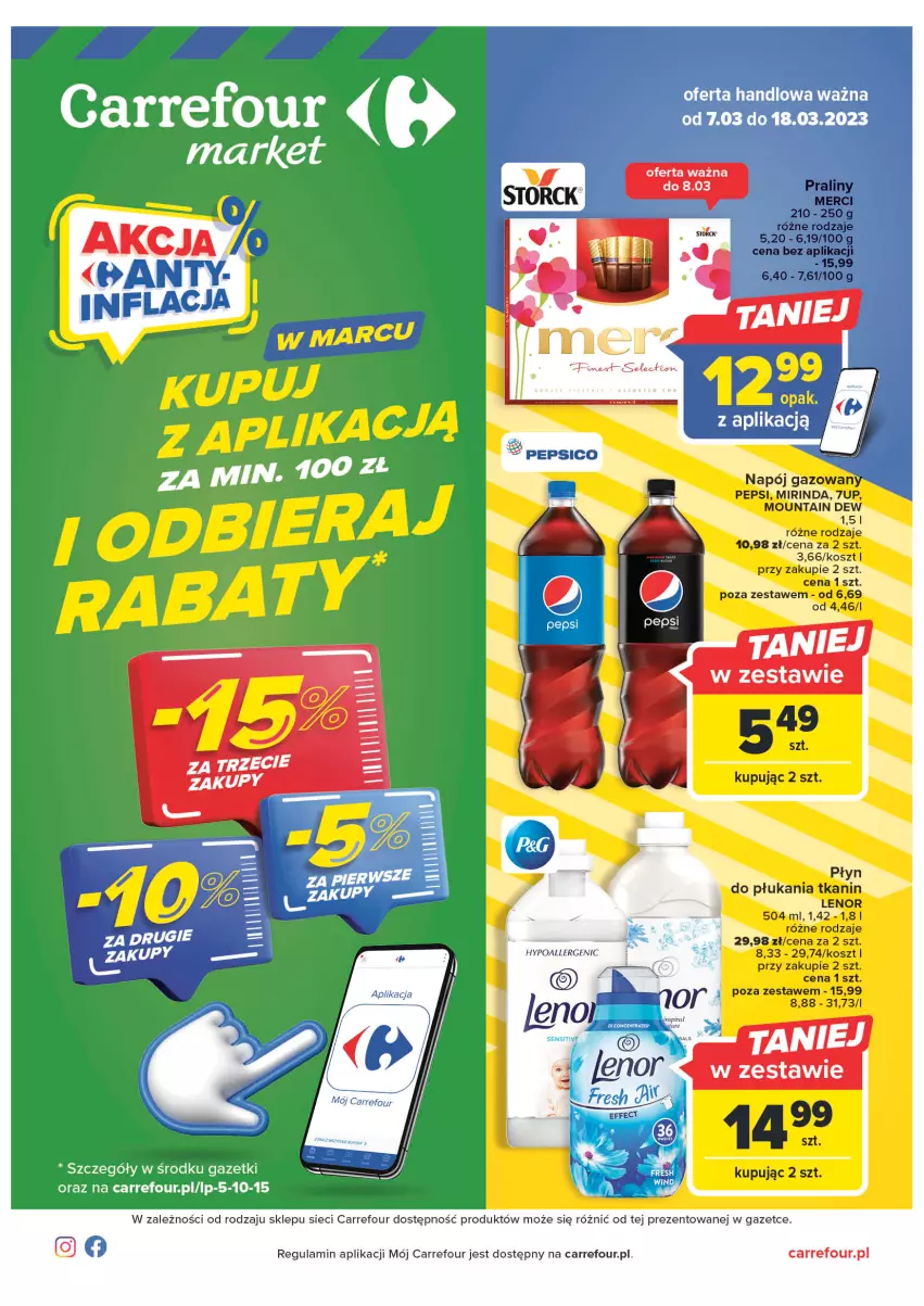 Gazetka promocyjna Carrefour - Gazetka Market - ważna 07.03 do 18.03.2023 - strona 1 - produkty: 7up, Kosz, Lenor, Mirinda, Napój, Napój gazowany, Pepsi, Płyn do płukania