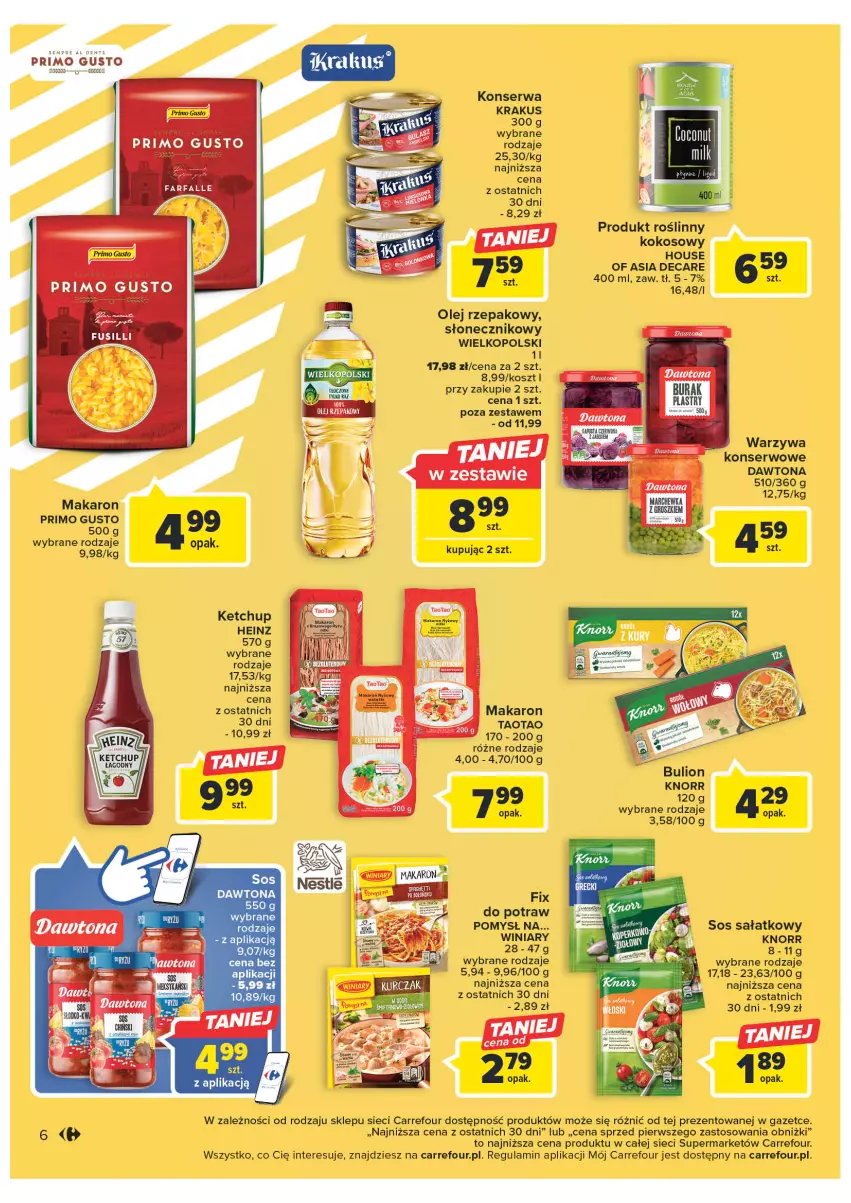 Gazetka promocyjna Carrefour - Gazetka Market - ważna 07.03 do 18.03.2023 - strona 8 - produkty: Bulion, Dawtona, Heinz, House of Asia, Ketchup, Knorr, Kokos, Kosz, Krakus, Lion, Makaron, Olej, Olej rzepakowy, Sałat, Ser, Sos, TaoTao, Warzywa, Warzywa konserwowe, Winiary