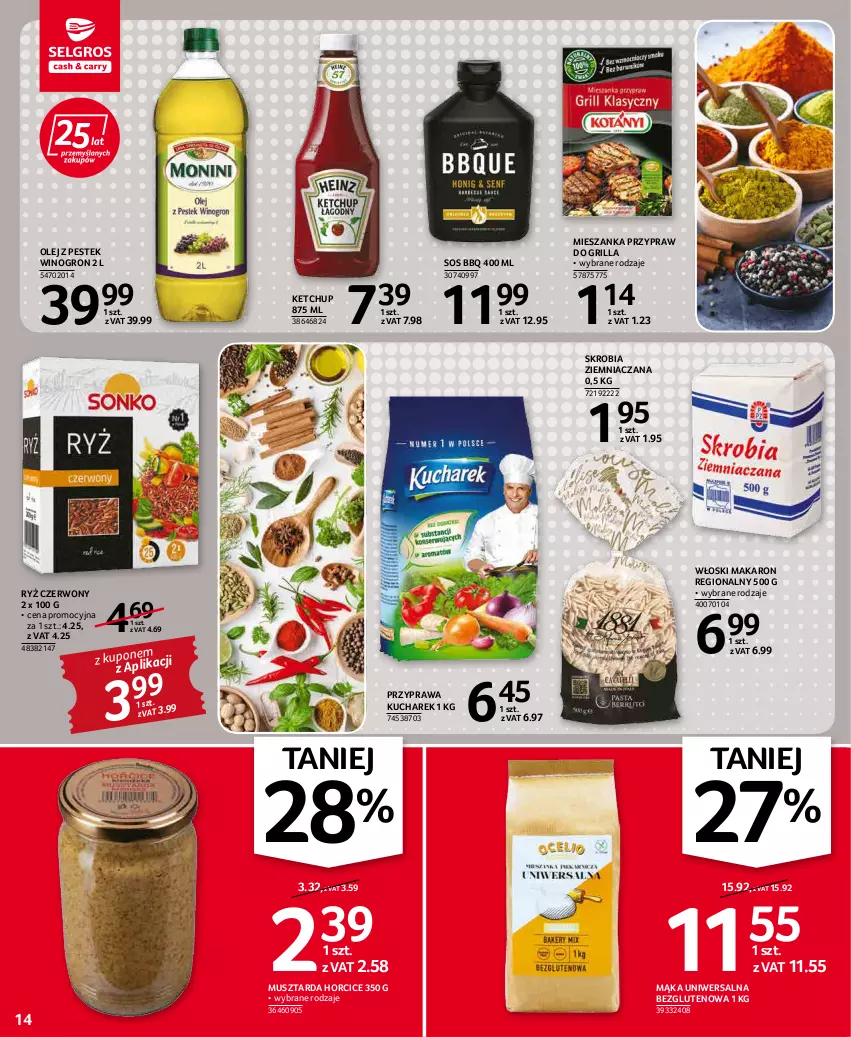 Gazetka promocyjna Selgros - Oferta spożywcza - ważna 05.05 do 18.05.2022 - strona 14 - produkty: Grill, Ketchup, Kucharek, Mąka, Mąka uniwersalna, Makaron, Mus, Musztarda, Olej, Ryż, Skrobia ziemniaczana, Sos, Stek, Wino