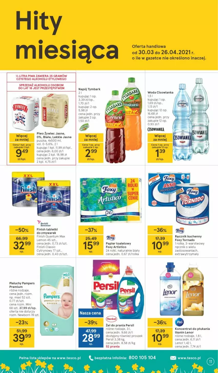 Gazetka promocyjna Tesco - Tesco gazetka - przyszły tydzień - ważna 30.03 do 03.04.2021 - strona 11 - produkty: Finish, Foxy, Gala, Gra, Lenor, Napój, Pampers, Papier, Papier toaletowy, Pieluchy, Piwa, Piwo, Por, Ręcznik, Ręcznik kuchenny, Rolki, Tablet, Tymbark, Woda