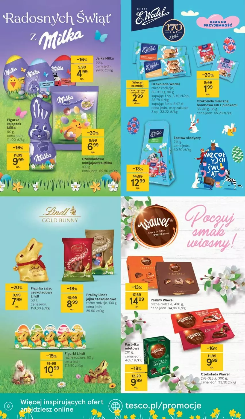 Gazetka promocyjna Tesco - Tesco gazetka - przyszły tydzień - ważna 30.03 do 03.04.2021 - strona 8 - produkty: Czekolada, Czekolada mleczna, Lindt, Milka, Praliny, Wawel