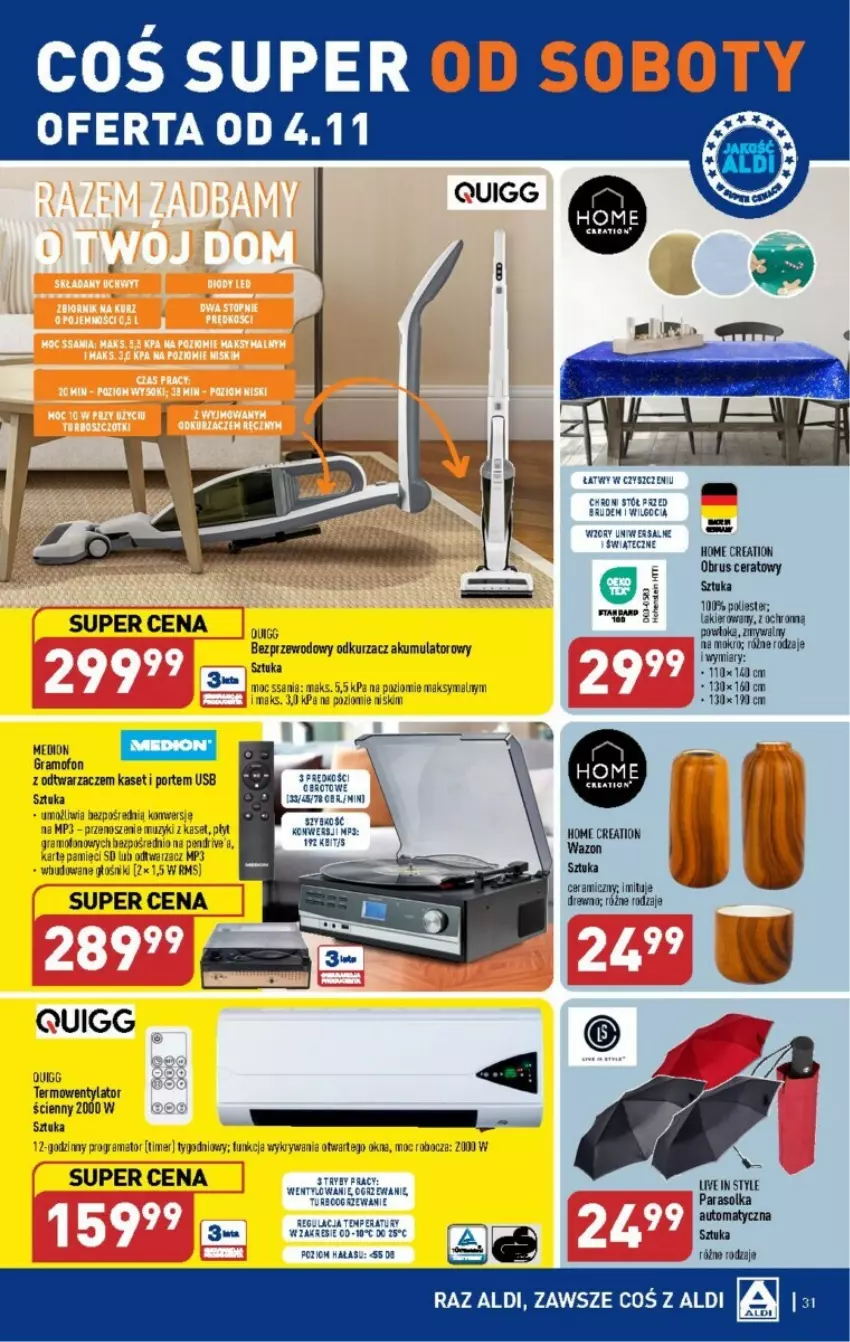 Gazetka promocyjna Aldi - ważna 30.10 do 04.11.2023 - strona 25 - produkty: Akumulator, Głośnik, Gra, Lakier, LG, Obrus, Odkurzacz, Ogrzewanie, Parasol, Pendrive, Por, Rama, Stół, Termowentylator, Wazon