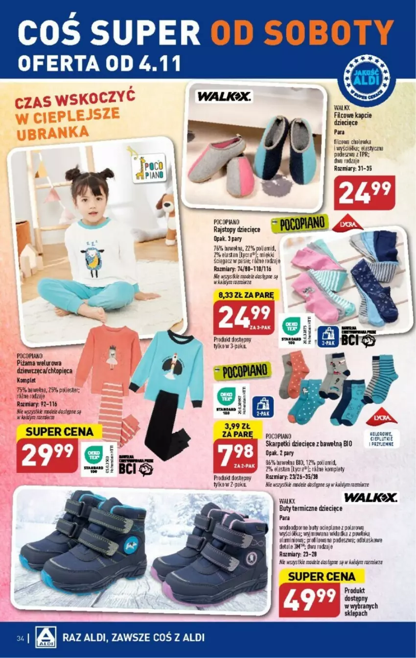 Gazetka promocyjna Aldi - ważna 30.10 do 04.11.2023 - strona 28 - produkty: Buty, Dzieci, Kapcie, Karp, Piżama, Pocopiano, Por, Rajstopy, Skarpetki, Top, Wełna