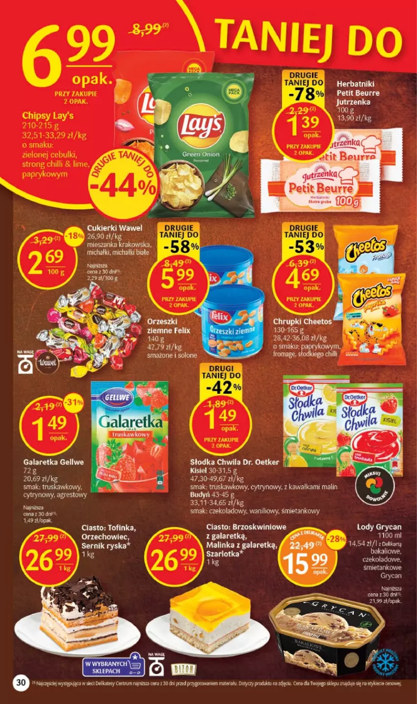 Gazetka promocyjna Delikatesy Centrum - Gazetka DC09 - ważna 02.03 do 08.03.2023 - strona 30 - produkty: Budyń, Cheetos, Chrupki, Cukier, Cukierki, Dr. Oetker, Felix, Gala, Galaretka, Gres, Herbatniki, Inka, Jutrzenka, Kawa, Kisiel, LG, Michałki, Orzeszki, Rum, Ser, Słodka Chwila, Szarlotka, Wawel