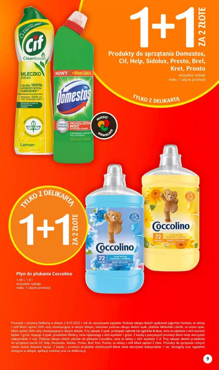 Gazetka promocyjna Delikatesy Centrum - Gazetka DC09 - ważna 02.03 do 08.03.2023 - strona 9 - produkty: Bell, Bella, Bref, Cif, Coccolino, Domestos, Fa, Fanta, Jogurt, Krakus, Kret, Lajkonik, Lubella, Mobil, Płyn do płukania, Por, Presto, Pronto, Sidolux, Winiary