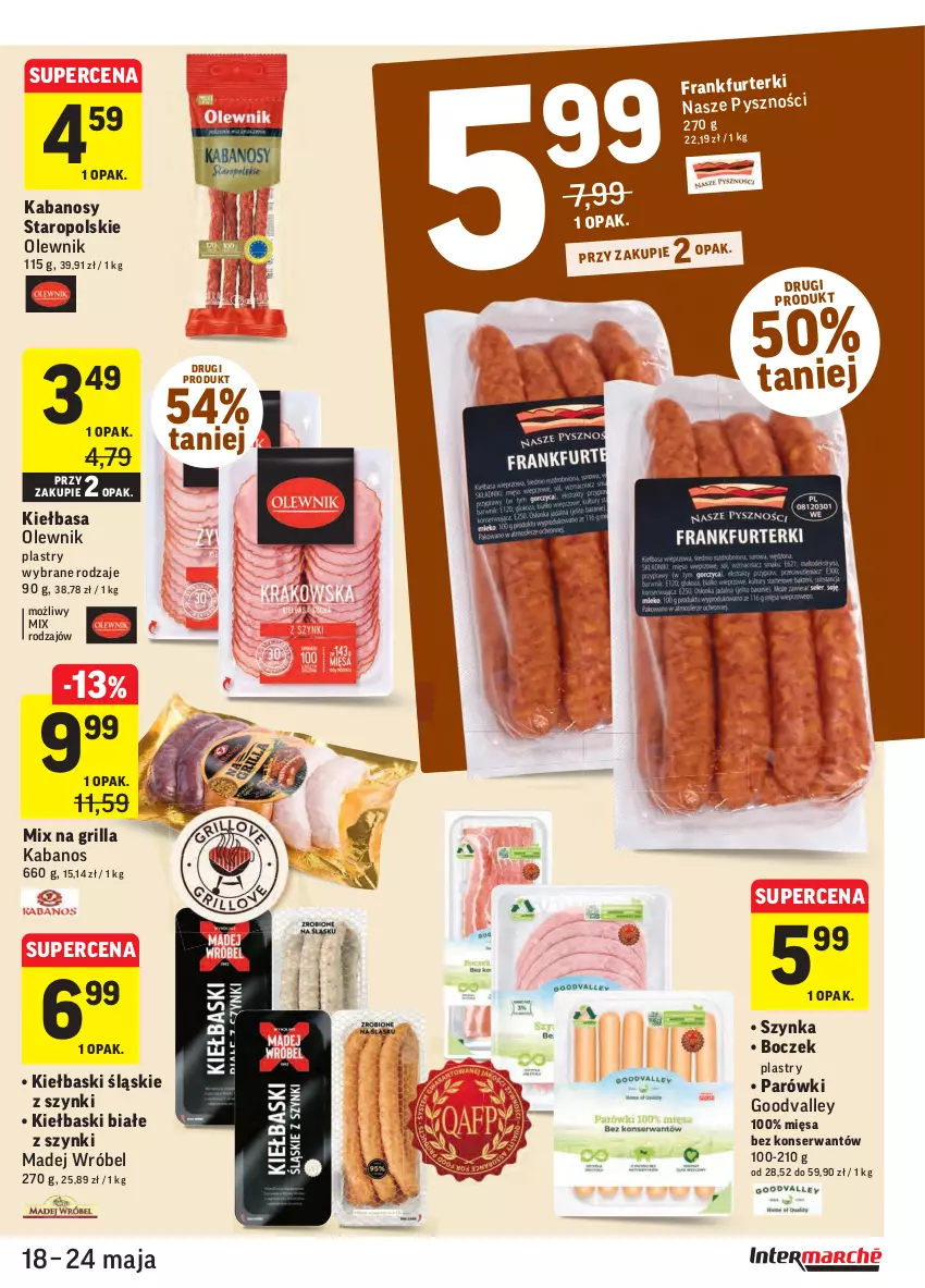 Gazetka promocyjna Intermarche - Swieżo i tanio - ważna 18.05 do 24.05.2021 - strona 13 - produkty: Boczek, Grill, Kabanos, Kiełbasa, Kiełbaski białe, Kiełbaski śląskie, Madej Wróbel, Olewnik, Parówki, Ser, Szynka