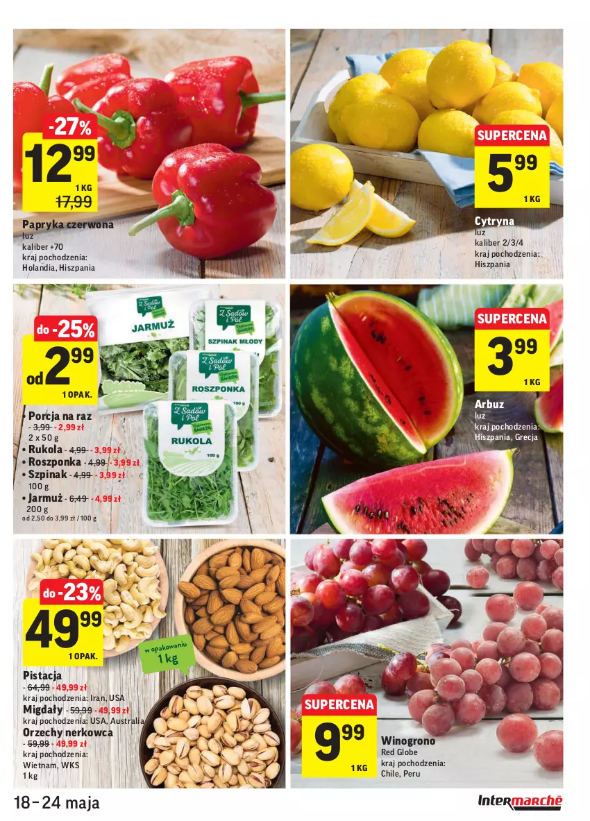 Gazetka promocyjna Intermarche - Swieżo i tanio - ważna 18.05 do 24.05.2021 - strona 15 - produkty: Arbuz, Jarmuż, Migdały, Papryka, Papryka czerwona, Por, Roszponka, Rukola, Szpinak, Wino