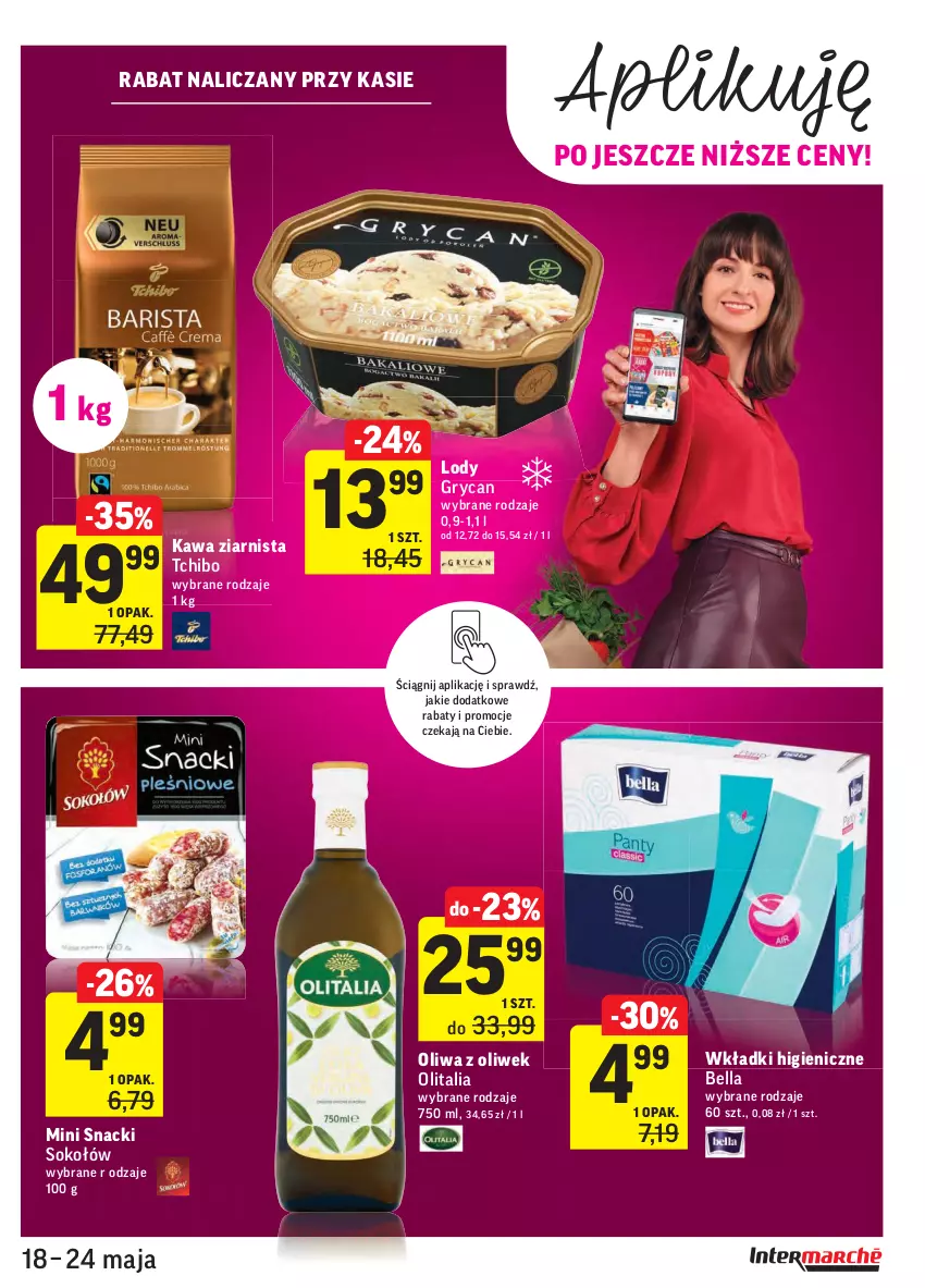 Gazetka promocyjna Intermarche - Swieżo i tanio - ważna 18.05 do 24.05.2021 - strona 27 - produkty: Bell, Bella, Gry, Kawa, Kawa ziarnista, Lody, Oliwa z oliwek, Sok, Sokołów, Tchibo, Wkładki