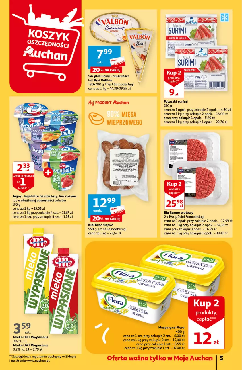 Gazetka promocyjna Auchan - Gazetka Koszyk Oszczędności Moje Auchan - ważna 08.02 do 14.02.2024 - strona 5 - produkty: Bell, Bella, Brie, Burger, Camembert, Flora, Jogobella, Jogurt, Kiełbasa, Kiełbasa śląska, Margaryna, Mleko, Ser, Ser pleśniowy, Surimi