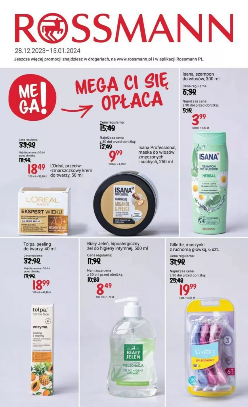 Gazetka promocyjna Rossmann - ważna 28.12.2023 do 15.01.2024 - strona 1 - produkty: Biały Jeleń, Gillette, Isana, Mars, Maska, Maska do włosów, Peeling, Taca, Tołpa