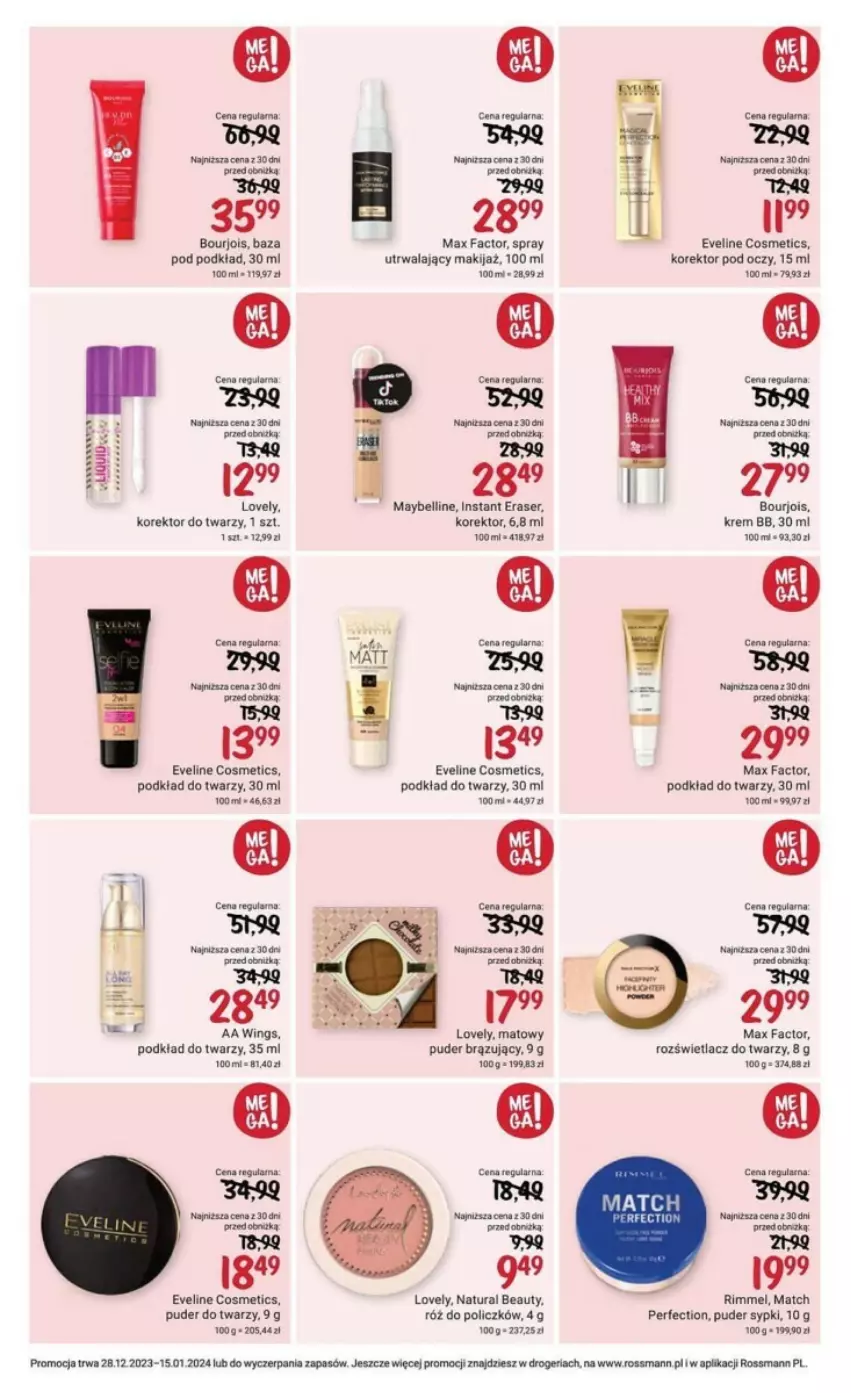 Gazetka promocyjna Rossmann - ważna 28.12.2023 do 15.01.2024 - strona 3 - produkty: Bell, Bourjois, Eveline, Fa, Korektor do twarzy, Krem bb, Lovely, Makijaż, Max Factor, Maybelline, Podkład, Podkład do twarzy, Puder, Puder do twarzy, Róż do policzków, Rozświetlacz, Ser