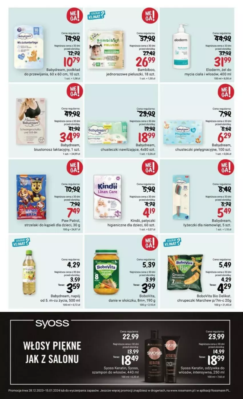 Gazetka promocyjna Rossmann - ważna 28.12.2023 do 15.01.2024 - strona 6 - produkty: Babydream, Biustonosz, BoboVita, Chusteczki, Dzieci, Kindii, Napój, Odżywka, Podkład, Syoss, Szampon