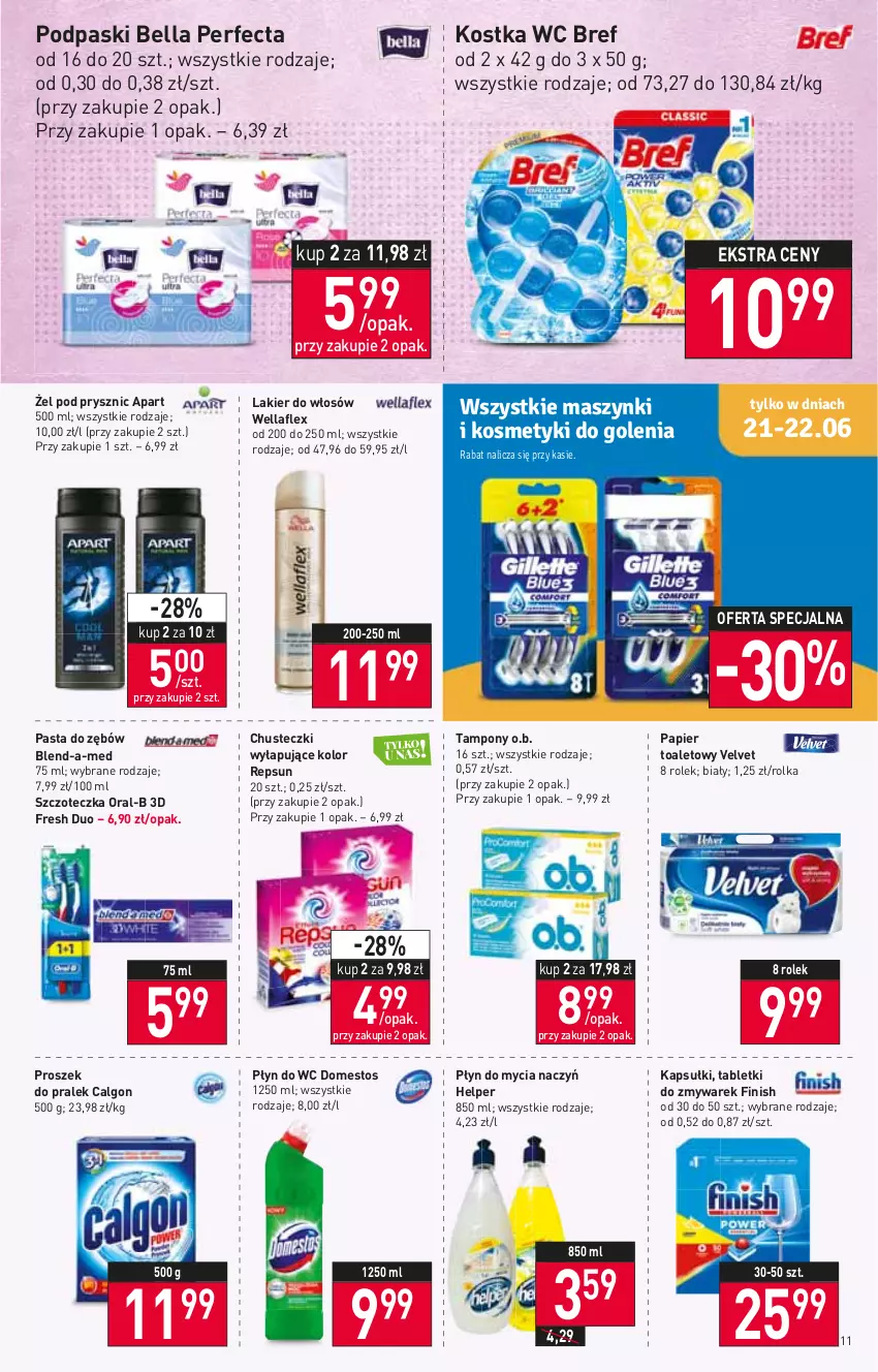 Gazetka promocyjna Stokrotka - Market - ważna 15.06 do 22.06.2022 - strona 11 - produkty: Bell, Bella, Blend-a-Med, Bref, Calgon, Chusteczki, Do mycia naczyń, Domestos, Finish, Lakier, Lakier do włosów, LG, O.B., Papier, Papier toaletowy, Pasta do zębów, Perfecta, Płyn do mycia, Płyn do mycia naczyń, Płyn do wc, Podpaski, Szczoteczka, Tablet, Tampony, Velvet, Wella, Wellaflex