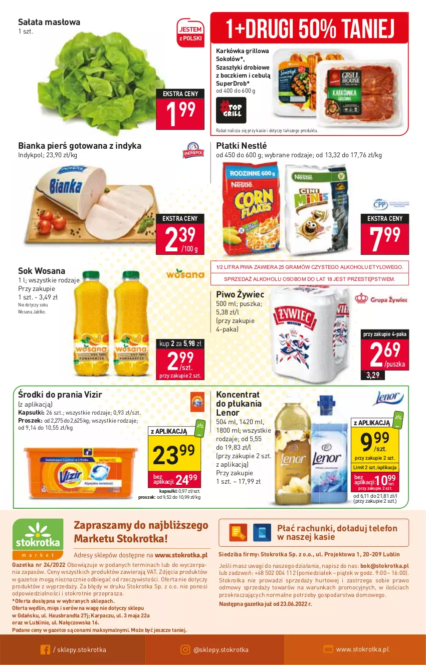 Gazetka promocyjna Stokrotka - Market - ważna 15.06 do 22.06.2022 - strona 12 - produkty: Bianka, Gra, Grill, Karp, Lenor, Masło, Nestlé, O nas, Piwa, Piwo, Sałat, Sałata masłowa, Ser, Sok, Sokołów, Telefon, Vizir, Wagi, Wosana