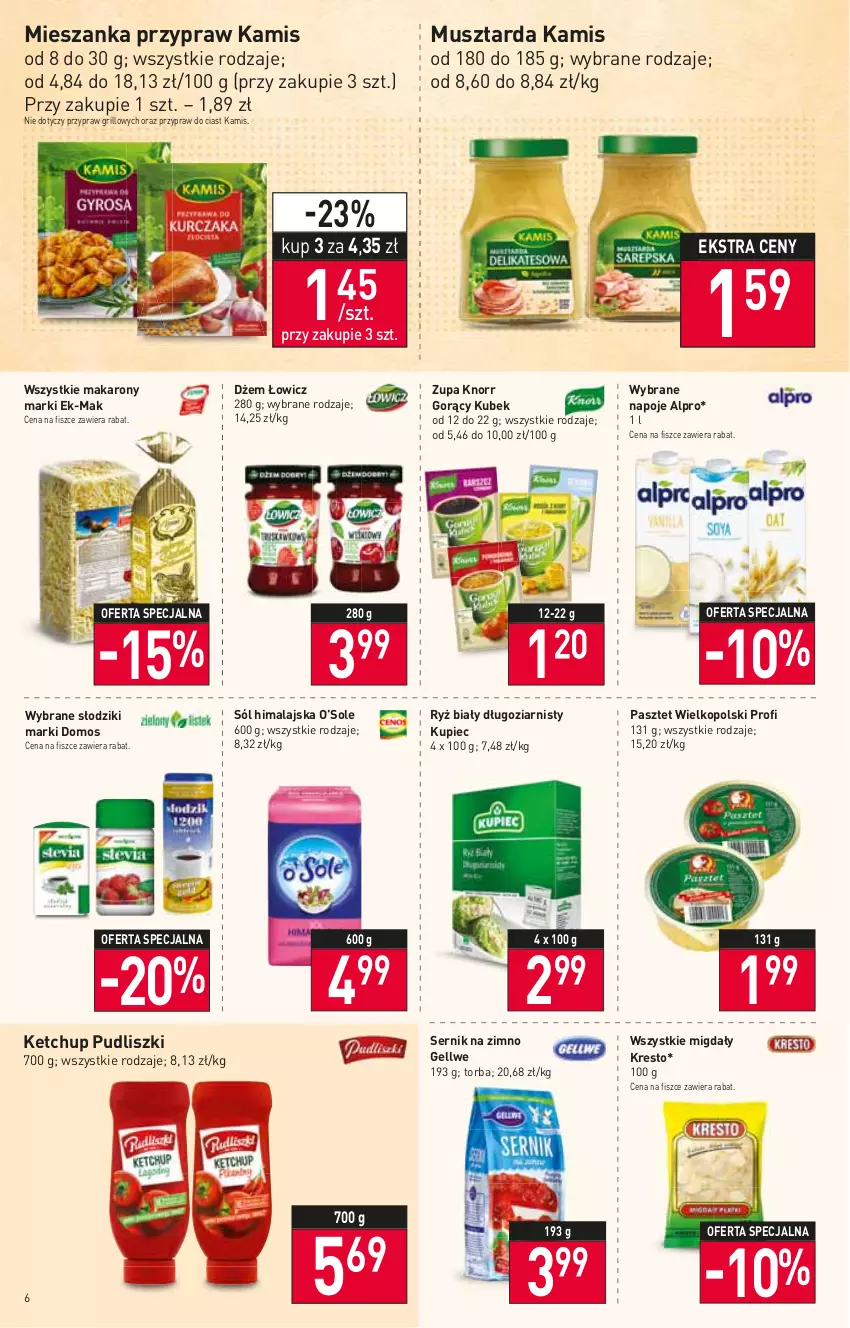 Gazetka promocyjna Stokrotka - Market - ważna 15.06 do 22.06.2022 - strona 6 - produkty: Alpro, Dżem, Grill, Kamis, Ketchup, Knorr, Kubek, Kupiec, Makaron, Migdały, Mus, Musztarda, Napoje, Pasztet, Piec, Pudliszki, Ryż, Ryż biały, Ser, Sól, Sól himalajska, Torba, Zupa