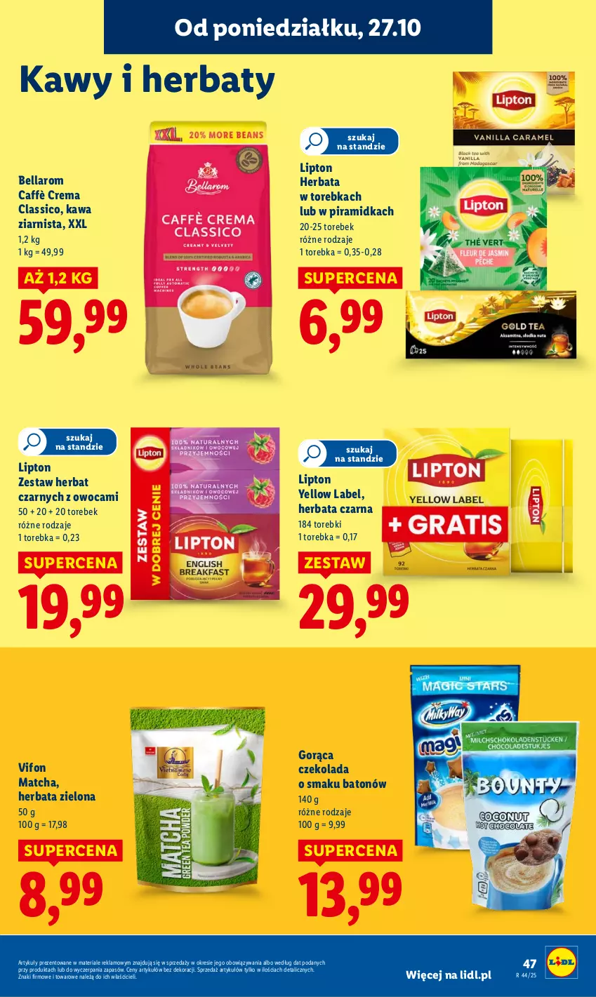 Gazetka promocyjna Lidl - GAZETKA - ważna 27.10 do 29.10.2025 - strona 51 - produkty: Baton, Bell, Bella, Czekolada, Herbata, Herbata czarna, Kawa, Kawa ziarnista, Lipton, Torebka