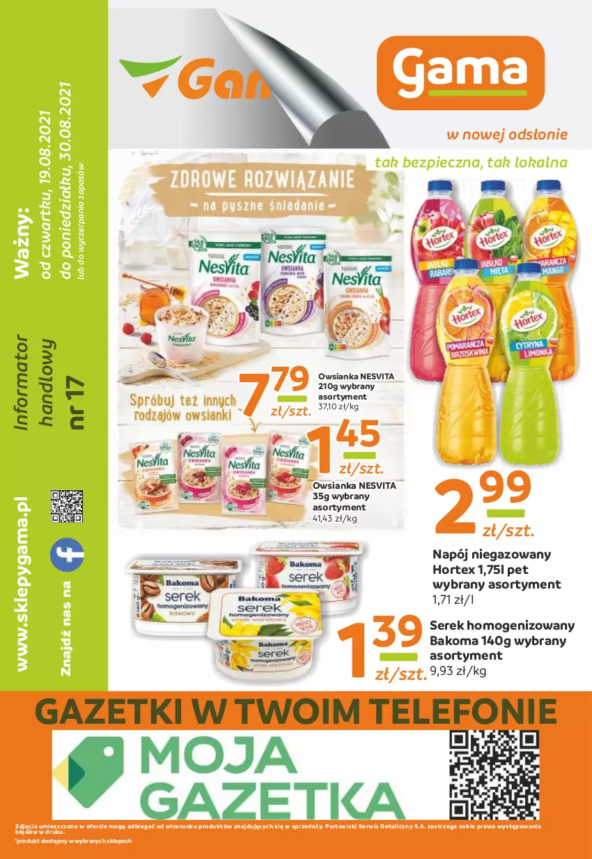 Gazetka promocyjna Gama - Gazetka Gama - ważna 19.08 do 30.08.2021 - strona 12 - produkty: Bakoma, Hortex, Napój, Napój niegazowany, Owsianka, Piec, Ser, Serek, Serek homogenizowany, Telefon