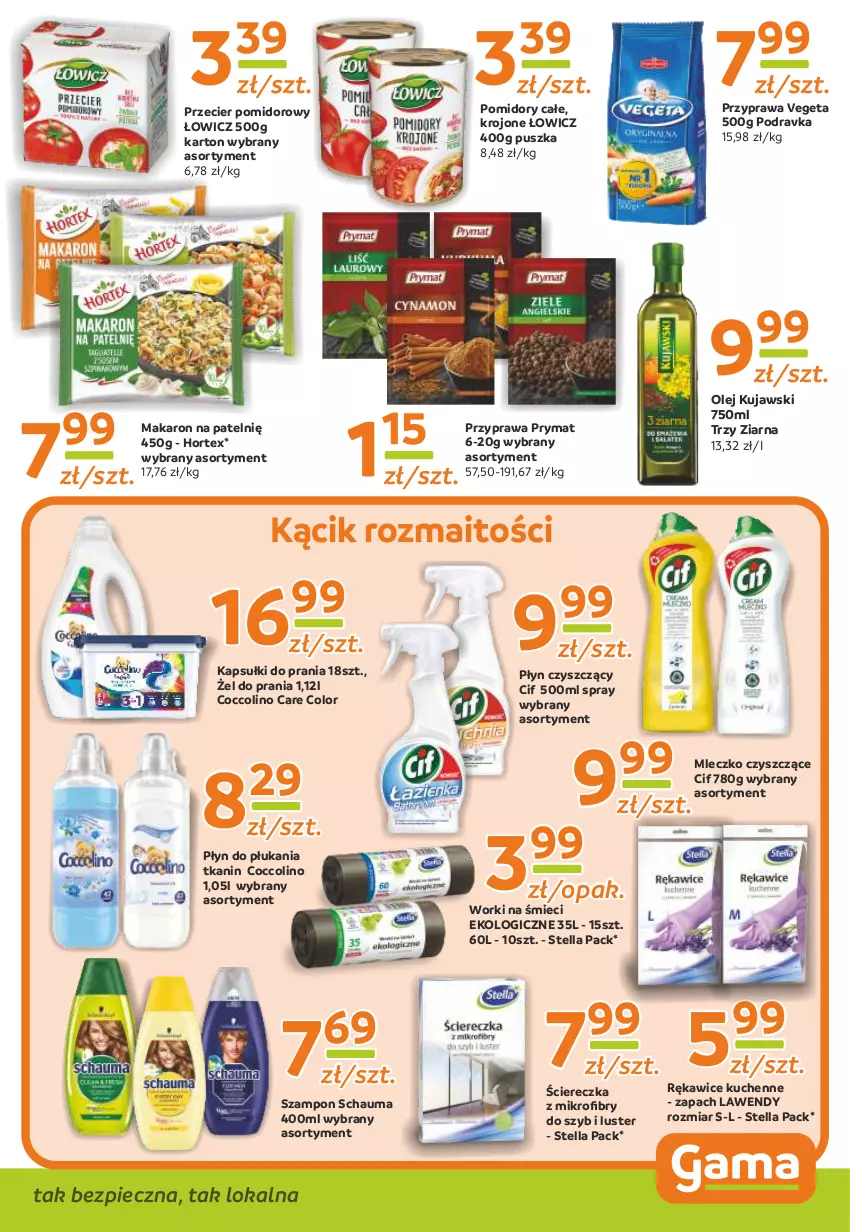 Gazetka promocyjna Gama - Gazetka Gama - ważna 19.08 do 30.08.2021 - strona 9 - produkty: Cif, Coccolino, Hortex, Kapsułki do prania, Kujawski, Makaron, Mleczko, Olej, Piec, Płyn do płukania, Podravka, Pomidory, Prymat, Rękawice, Schauma, Szampon, Vegeta, Worki na śmiec, Worki na śmieci