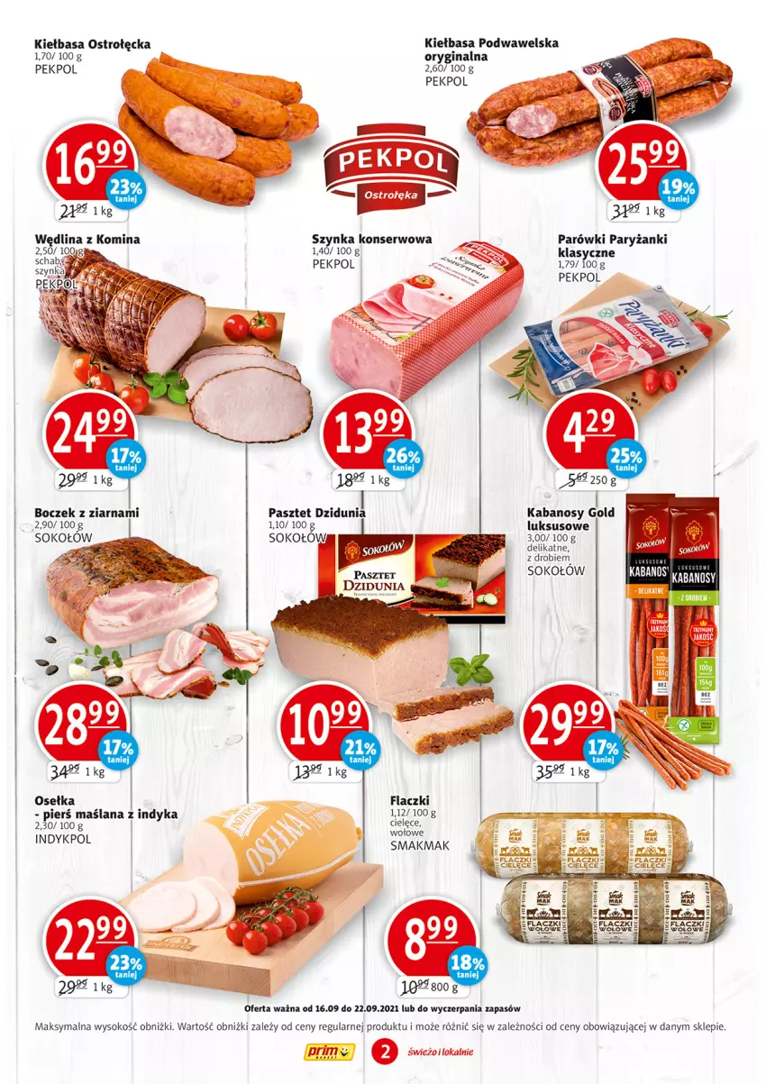 Gazetka promocyjna Prim Market - Gazetka - ważna 16.09 do 22.09.2021 - strona 2 - produkty: Gin, Kabanos, Kiełbasa, Kiełbasa podwawelska, LANA, Parówki, Pasztet, Pekpol, Ryż, Ser, Sok, Sokołów, Szynka, Szynka konserwowa, Wawel