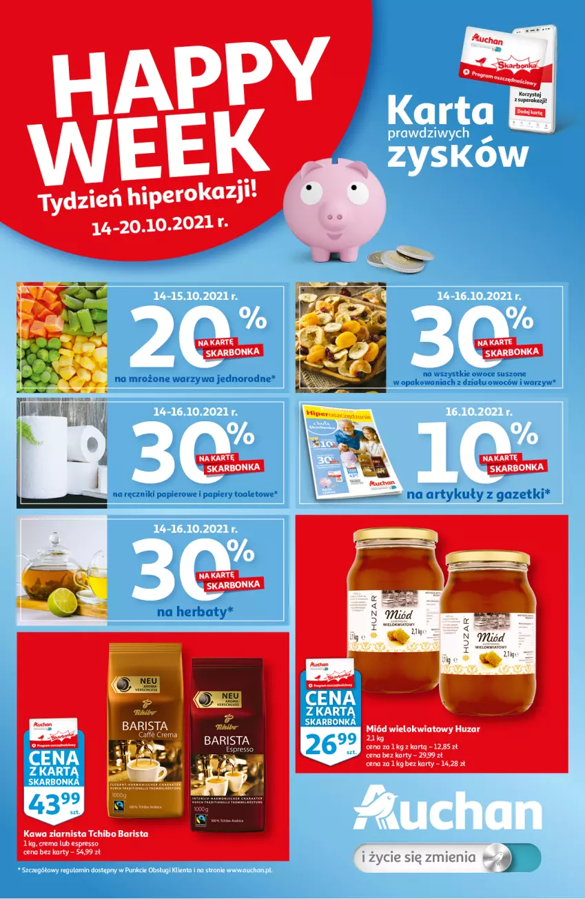 Gazetka promocyjna Auchan - Skarbonka #41 - ważna 14.10 do 20.10.2021 - strona 1 - produkty: BIC, Kawa, Kawa ziarnista, Miód, Owoce, Owoce suszone, Papier, Ręcznik, Ręczniki papierowe, Tchibo, Tchibo Barista, Warzywa