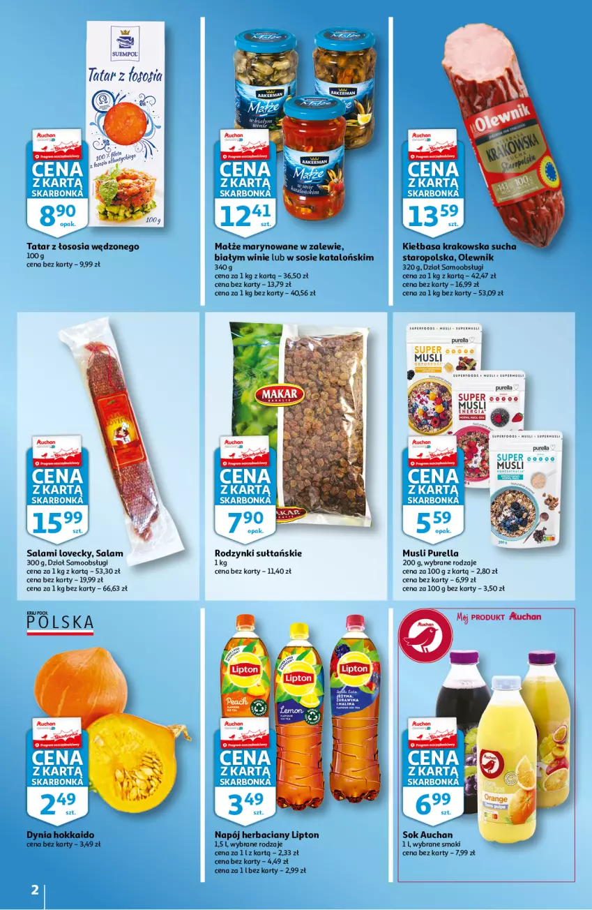 Gazetka promocyjna Auchan - Skarbonka #41 - ważna 14.10 do 20.10.2021 - strona 2 - produkty: Kiełbasa, Kiełbasa krakowska, Lipton, Małże, Mus, Napój, Olewnik, Pur, Rodzynki, Salami, Sok, Sos