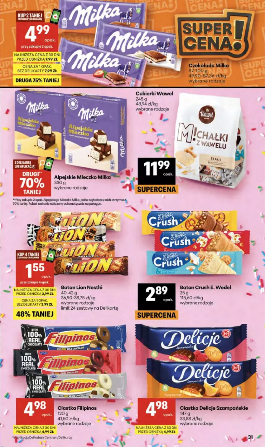 Gazetka promocyjna Delikatesy Centrum - Franczyza DC36 Czwartek - ważna 03.09 do 09.09.2026 - strona 31 - produkty: Baton, Ciastka, Cukier, Cukierki, Delicje, E. Wedel, Lion, Milka, Mleczko, Rum, Wawel