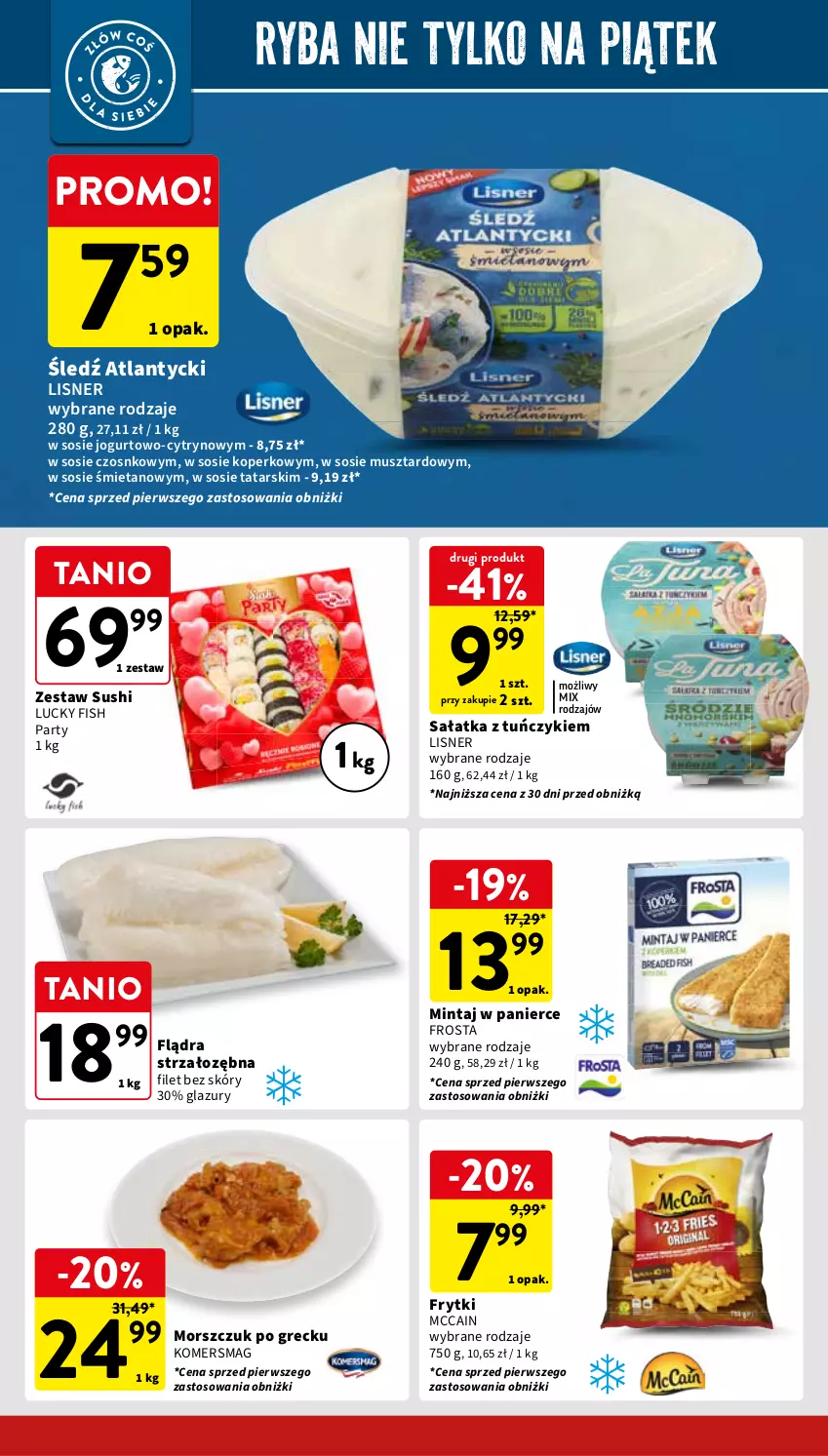 Gazetka promocyjna Intermarche - Gazetka Intermarche - ważna 23.05 do 27.05.2024 - strona 24 - produkty: Frosta, Frytki, Jogurt, Lazur, Lisner, McCain, Mintaj, Mus, Ryba, Sałat, Sałatka, Sos, Sushi, Tuńczyk