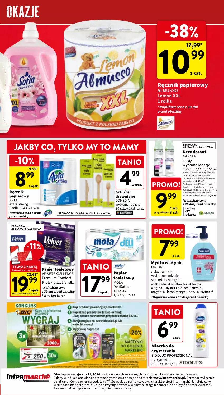 Gazetka promocyjna Intermarche - Gazetka Intermarche - ważna 23.05 do 27.05.2024 - strona 39 - produkty: Bazyl, Bazylia, Control, Dezodorant, Dozownik, Fa, Flora, Gin, Mango, Mleczko, Mola, Mus, Mydło, Mydło w płynie, Papier, Papier toaletowy, Ręcznik, Rolki, Sidolux, Velvet