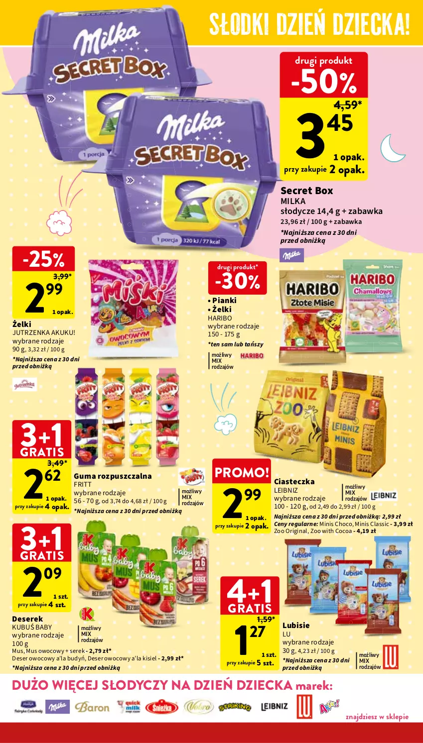 Gazetka promocyjna Intermarche - Gazetka Intermarche - ważna 23.05 do 27.05.2024 - strona 5 - produkty: Budyń, Deser, Deser owocowy, Gin, Gra, Guma rozpuszczalna, Haribo, Jutrzenka, Kisiel, Kubuś, Lubisie, Milka, Mus, Ser, Serek, Zabawka