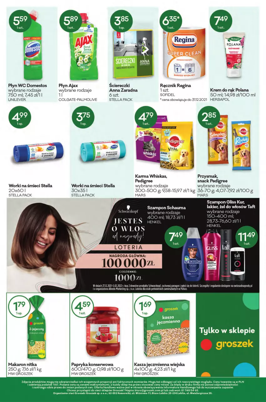 Gazetka promocyjna Groszek - ważna 28.12.2021 do 04.01.2022 - strona 11 - produkty: Ajax, Biuro, Colgate, Domestos, Fa, Flora, Gin, Gliss Kur, Groszek, Herbapol, Kasza, Kasza jęczmienna, Krem do rąk, Lakier, LANA, LG, Makaron, Mars, Papryka, Pedigree, Por, Ręcznik, Schauma, Schwarzkopf, Ser, Szampon, Taft, Whiskas, Worki na śmiec, Worki na śmieci