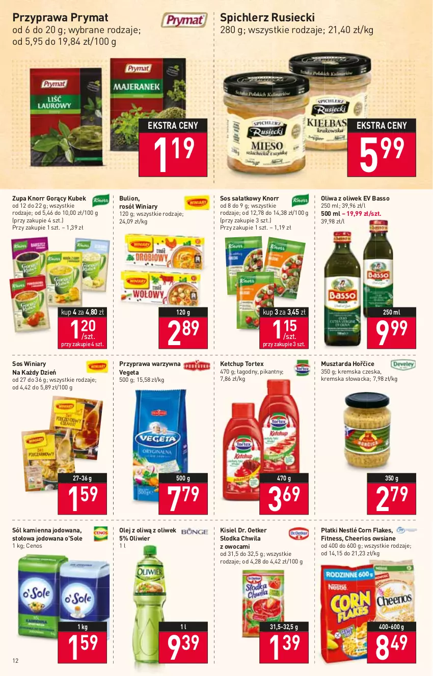 Gazetka promocyjna Stokrotka - Supermarket - ważna 27.01 do 02.02.2022 - strona 12 - produkty: Bulion, Cenos, Cheerios, Corn flakes, Dr. Oetker, Ketchup, Kisiel, Knorr, Kubek, Lion, Mus, Musztarda, Nestlé, Olej, Oliwa z oliwek, Prymat, Rosół, Sałat, Słodka Chwila, Sól, Sos, Spichlerz Rusiecki, Vegeta, Winiary, Zupa