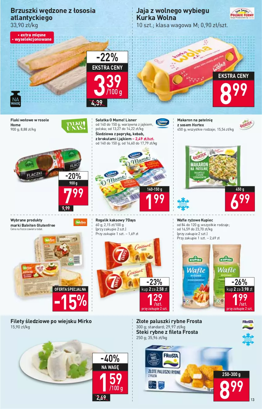 Gazetka promocyjna Stokrotka - Supermarket - ważna 27.01 do 02.02.2022 - strona 13 - produkty: Flaki, Flaki wołowe, Frosta, Hortex, Jaja, Jaja z wolnego wybiegu, Kakao, Kebab, Kupiec, Lisner, Makaron, Paluszki rybne, Piec, Rogal, Ryż, Sałat, Sałatka, Sos, Stek, Wafle