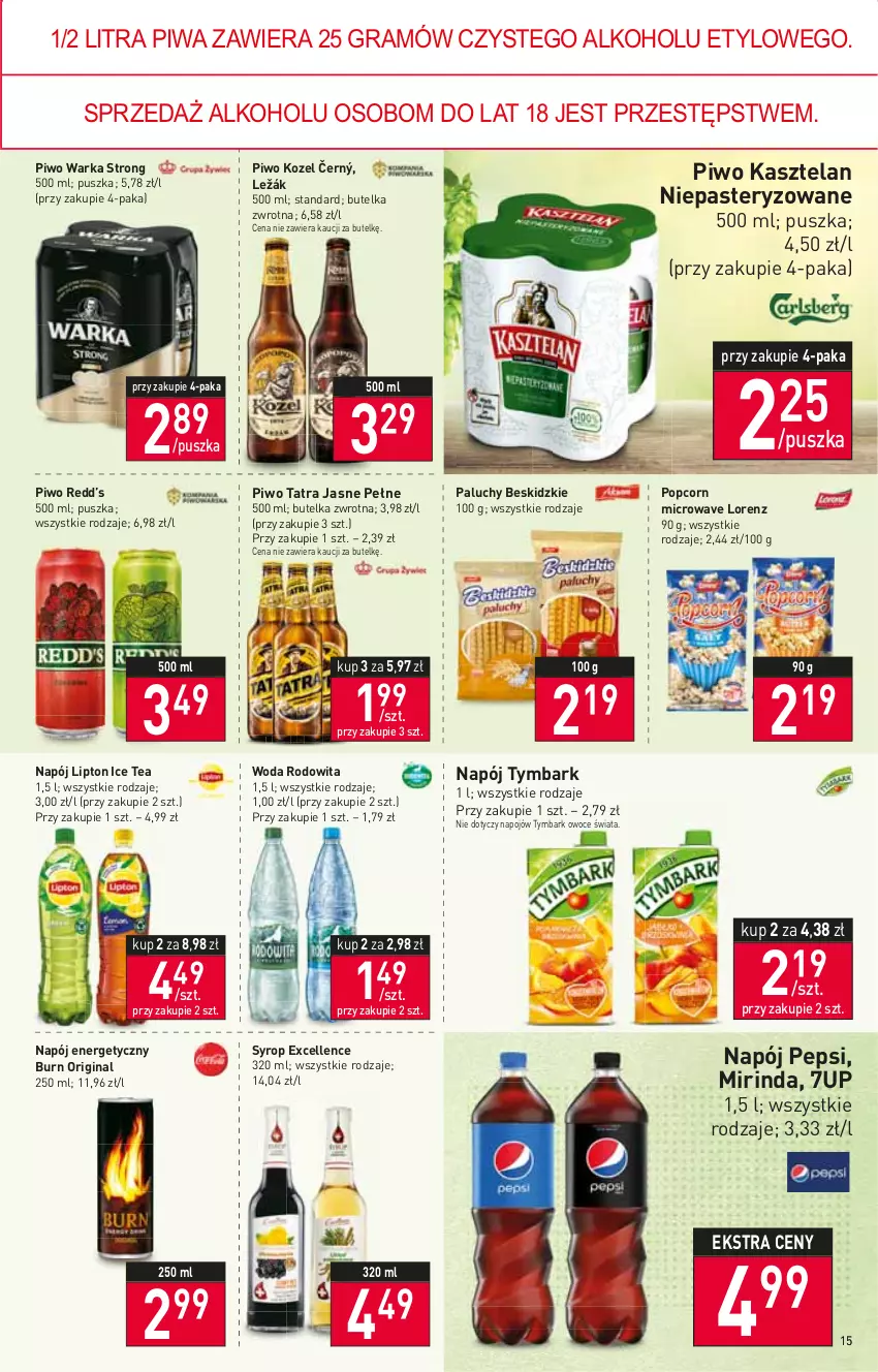 Gazetka promocyjna Stokrotka - Supermarket - ważna 27.01 do 02.02.2022 - strona 15 - produkty: 7up, Beskidzki, Gin, Gra, Ice tea, Kasztelan, Kozel, Lipton, Lorenz, Mirinda, Napój, Napój energetyczny, Owoce, Pepsi, Piwa, Piwo, Popcorn, Syrop, Tatra, Tymbark, Warka, Woda